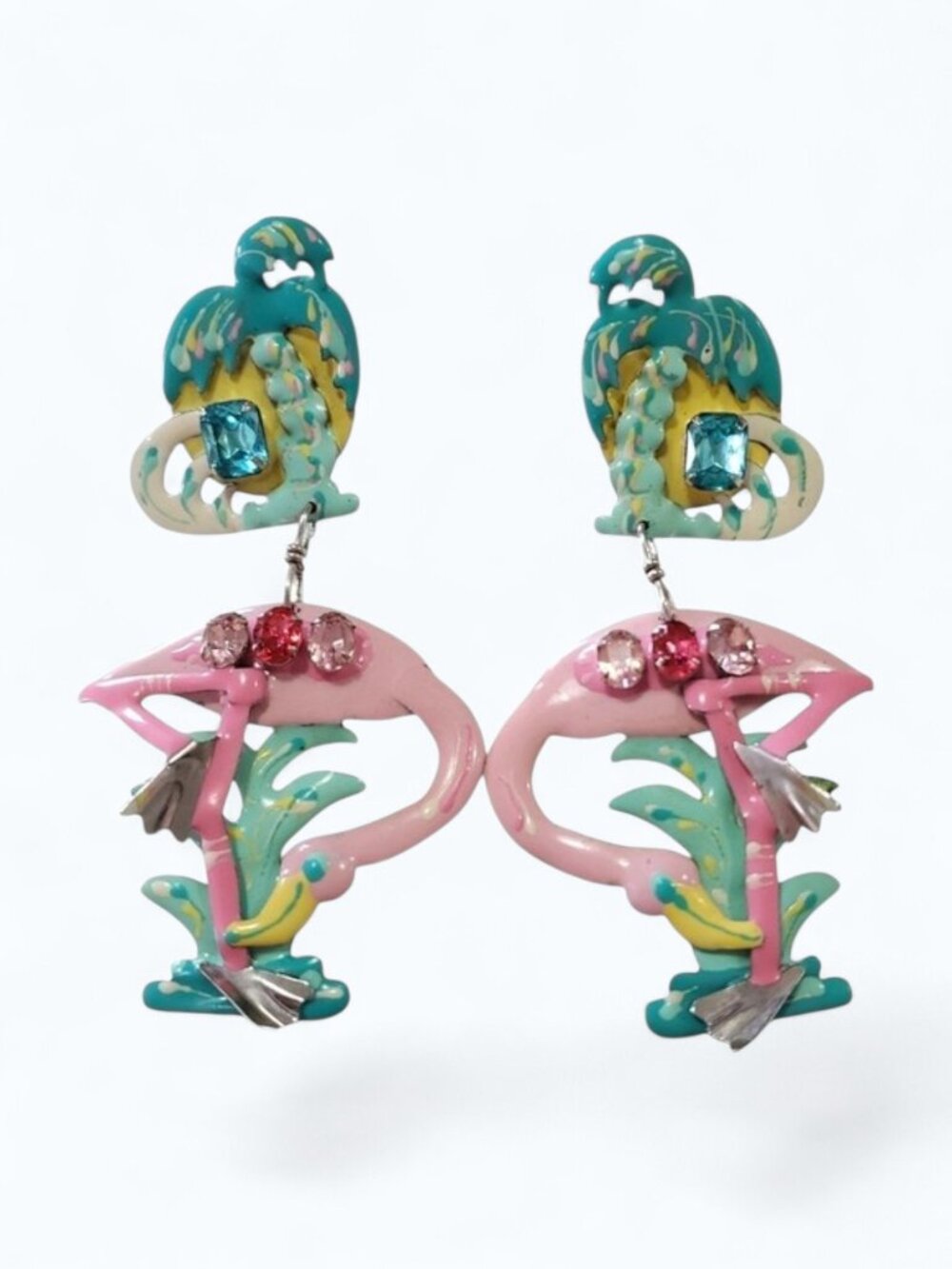 1987 Lunch at The Ritz Flamingo Palm Tree Earrings Large Enamel Rhinestones